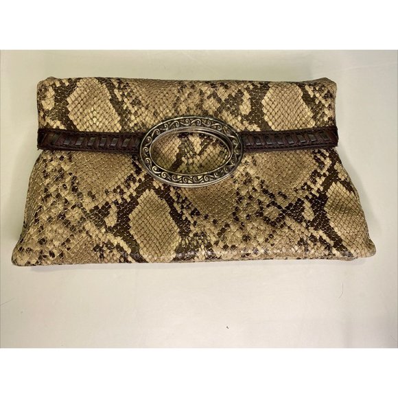 Brighton Collection Chunky Clasp Snakeskin Leather Fold-over Clutch Bag Purse